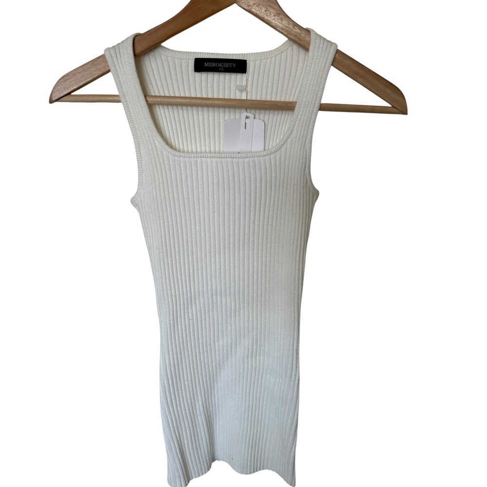 MEROKEETY‎ Tank Top Women XS Cream NEW Ribbed Square Neck Sleeveless Knit